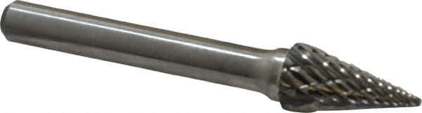 Atrax - 3/8" Cut Diam, 1/4" Shank Diam, Cone Head Double Cut Burr - Carbide, Point End, 5/8" LOC, 2-1/2" OAL - Apex Tool & Supply