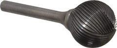 Atrax - 1" Cut Diam, 1/4" Shank Diam, Ball Head Single Cut Burr - Carbide, Radius End, 15/16" LOC, 2-3/4" OAL - Apex Tool & Supply
