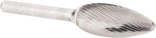 Atrax - 5/8" Cut Diam, 1/4" Shank Diam, Flame Head Single Cut Burr - Carbide, Radius End, 1-7/16" LOC, 3-3/16" OAL - Apex Tool & Supply