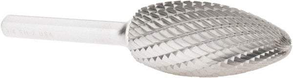 Atrax - 3/4" Cut Diam, 1/4" Shank Diam, Flame Head Double Cut Burr - Carbide, Radius End, 1-5/8" LOC, 3-3/8" OAL - Apex Tool & Supply