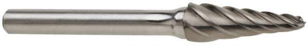 Atrax - 5/8" Cut Diam, 1/4" Shank Diam, Taper Head Fluted Cut Burr - Radius End, 1-5/16" LOC, 3-3/16" OAL - Apex Tool & Supply