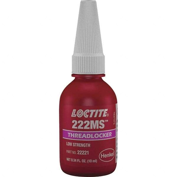Loctite - 10 mL Bottle, Purple, Low Strength Liquid Threadlocker - Series 222, 24 hr Full Cure Time, Hand Tool Removal - Apex Tool & Supply