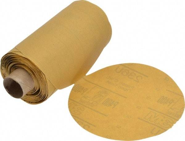 3M - 5" Diam, 400 Grit Aluminum Oxide Adhesive PSA Disc - Extra Fine Grade, Yellow, C Weighted Backing, Flexible, Use with Random Orbital Sanders - Apex Tool & Supply