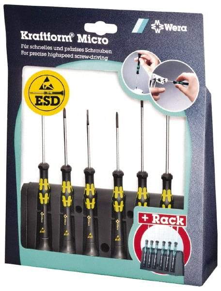 Wera - 6 Piece Phillips & Slotted Screwdriver Set - Blade Sizes: Width mm 1.2, 1.2, 1.8 & 2.5, Bit Sizes: Philips #0 to #1, Metric Length mm: 40, 60 & 80mm - Apex Tool & Supply