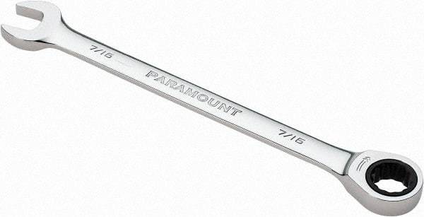 Paramount - 7/16" 12 Point Ratcheting Combination Wrench - 6-1/2" OAL, Chrome Vanadium Steel, Polished Finish - Apex Tool & Supply