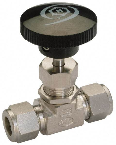 Ham-Let - 5,000 Max psi, 1/4" Pipe, 316 Grade Stainless Steel, Inline Stem Vee Instrumentation Needle Valve - Compression x Compression End Connections, Swaglok SS-1VS4 - Apex Tool & Supply