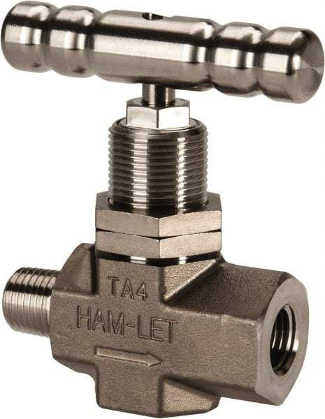 Ham-Let - 5,000 Max psi, 1/4" Pipe, 316 Grade Stainless Steel, Inline Soft Seat Instrumentation Needle Valve - MNPT x FNPT End Connections, Swaglok SS-1KM4-F4-SH - Apex Tool & Supply