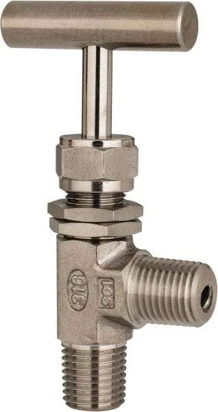 Ham-Let - 5,000 Max psi, 1/4" Pipe, 316 Grade Stainless Steel, Angled Instrumentation Needle Valve - MNPT x MNPT End Connections, Swaglok SS-1RM4-A - Apex Tool & Supply