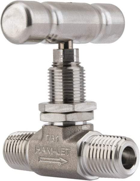 Ham-Let - 5,000 Max psi, 1/4" Pipe, 316 Grade Stainless Steel, Inline Stem Vee Instrumentation Needle Valve - MNPT x MNPT End Connections, Swaglok SS-1VM4-SH - Apex Tool & Supply