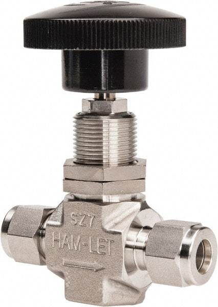 Ham-Let - 5,000 Max psi, 3/8" Pipe, 316 Grade Stainless Steel, Inline Stem Regulating Instrumentation Needle Valve - Compression x Compression End Connections, Swaglok SS-1RS6 - Apex Tool & Supply
