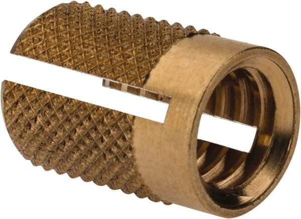 E-Z LOK - 5/16-18 UNC Brass Flush Press Fit Threaded Insert for Plastic - 9/16" OAL, 0.389" Insert Diam, 3/8" Hole Diam, 3/8" Drill - Apex Tool & Supply