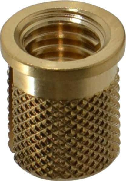 E-Z LOK - 5/16-18 UNC Brass Flanged Press Fit Threaded Insert for Plastic - 9/16" OAL, 0.389" Insert Diam, 0.357" Hole Diam, 3/8" Drill - Apex Tool & Supply