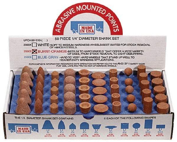 Made in USA - 50 Piece Aluminum Oxide Vitrified Mounted Stone Abrasive Point Set - Includes Shapes A4, A12, A14, A21, A32, A37, A39, A40, W206 & W218 - Apex Tool & Supply