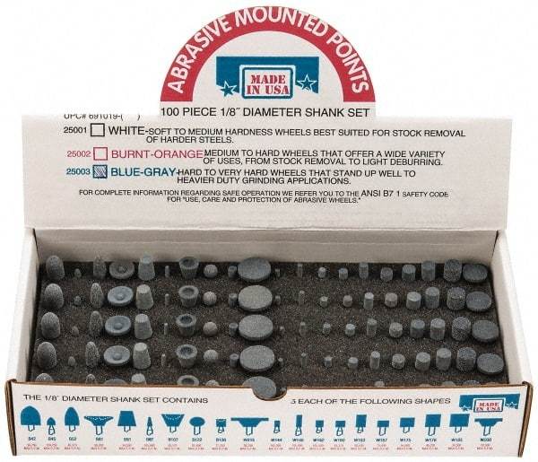 Made in USA - 100 Piece Aluminum Oxide Vitrified Mounted Stone Abrasive Point Set - Includes Shapes B42, B45, B52, B81, B91, B97, B102, B122, B136, W144, W146, W152, W160, W163, W167, W175, W176, W185, W200 & W215 - Apex Tool & Supply
