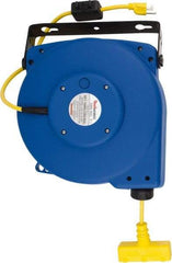 Value Collection - 16 AWG, 50' Cable Length, Cord & Cable Reel with Outlet End - 3 Outlets, NEMA 5-15, 10 Amps, SJT, SJTOW Cable, Blue Reel - Apex Tool & Supply