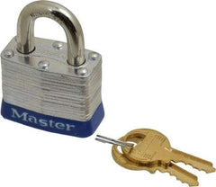 Master Lock - Keyed Alike Retaining Key Conductive Lockout Padlock - 3/4" Shackle Clearance, 9/32" Shackle Diam, 1-1/4" Body Height x 1-9/16" Body Width, Blue, 4 Pins - Apex Tool & Supply