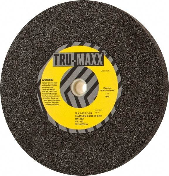 Tru-Maxx - 36 Grit Aluminum Oxide Bench & Pedestal Grinding Wheel - 12" Diam x 1-1/4" Hole x 1-1/2" Thick, 2705 Max RPM, P Hardness, Very Coarse Grade , Vitrified Bond - Apex Tool & Supply