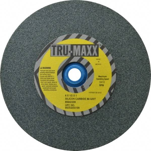 Tru-Maxx - 80 Grit Silicon Carbide Bench & Pedestal Grinding Wheel - 6" Diam x 1" Hole x 1/2" Thick, 5410 Max RPM, K Hardness, Medium Grade , Vitrified Bond - Apex Tool & Supply