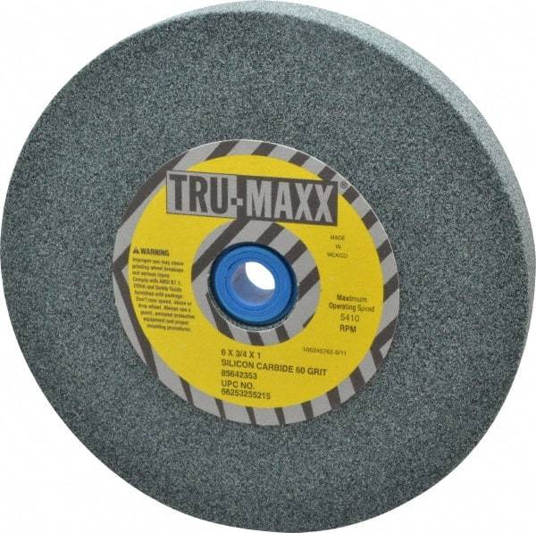 Tru-Maxx - 60 Grit Silicon Carbide Bench & Pedestal Grinding Wheel - 6" Diam x 1" Hole x 3/4" Thick, 5410 Max RPM, K Hardness, Medium Grade , Vitrified Bond - Apex Tool & Supply