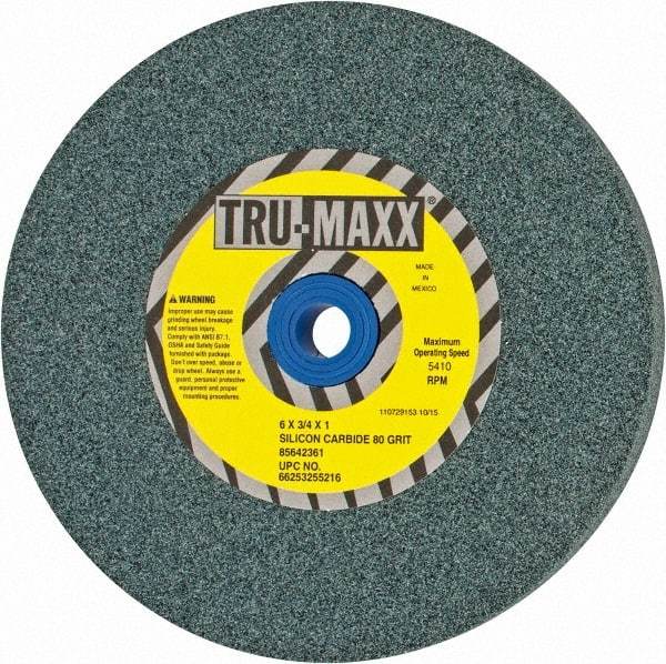 Tru-Maxx - 80 Grit Silicon Carbide Bench & Pedestal Grinding Wheel - 6" Diam x 1" Hole x 3/4" Thick, 5410 Max RPM, K Hardness, Medium Grade , Vitrified Bond - Apex Tool & Supply