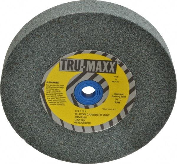 Tru-Maxx - 60 Grit Silicon Carbide Bench & Pedestal Grinding Wheel - 6" Diam x 1" Hole x 1" Thick, 5410 Max RPM, K Hardness, Medium Grade , Vitrified Bond - Apex Tool & Supply