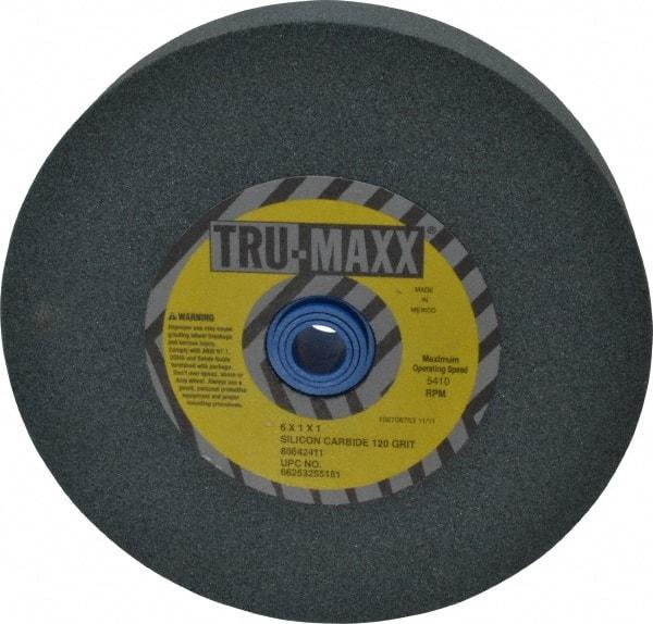 Tru-Maxx - 120 Grit Silicon Carbide Bench & Pedestal Grinding Wheel - 6" Diam x 1" Hole x 1" Thick, 5410 Max RPM, K Hardness, Fine Grade , Vitrified Bond - Apex Tool & Supply