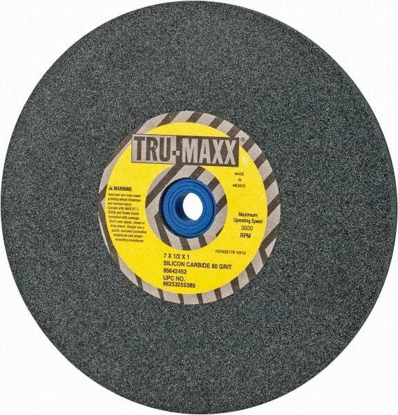 Tru-Maxx - 80 Grit Silicon Carbide Bench & Pedestal Grinding Wheel - 7" Diam x 1" Hole x 1/2" Thick, 3600 Max RPM, K Hardness, Medium Grade , Vitrified Bond - Apex Tool & Supply