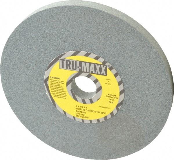 Tru-Maxx - 120 Grit Silicon Carbide Bench & Pedestal Grinding Wheel - 7" Diam x 1" Hole x 1/2" Thick, 3600 Max RPM, K Hardness, Fine Grade , Vitrified Bond - Apex Tool & Supply