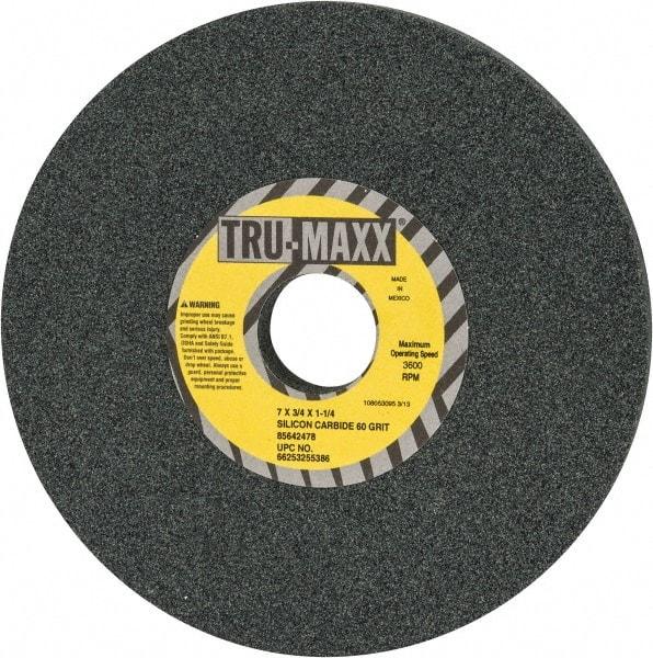 Tru-Maxx - 60 Grit Silicon Carbide Bench & Pedestal Grinding Wheel - 7" Diam x 1-1/4" Hole x 3/4" Thick, 3600 Max RPM, K Hardness, Medium Grade , Vitrified Bond - Apex Tool & Supply