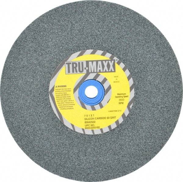 Tru-Maxx - 60 Grit Silicon Carbide Bench & Pedestal Grinding Wheel - 7" Diam x 1" Hole x 1" Thick, 3600 Max RPM, K Hardness, Medium Grade , Vitrified Bond - Apex Tool & Supply