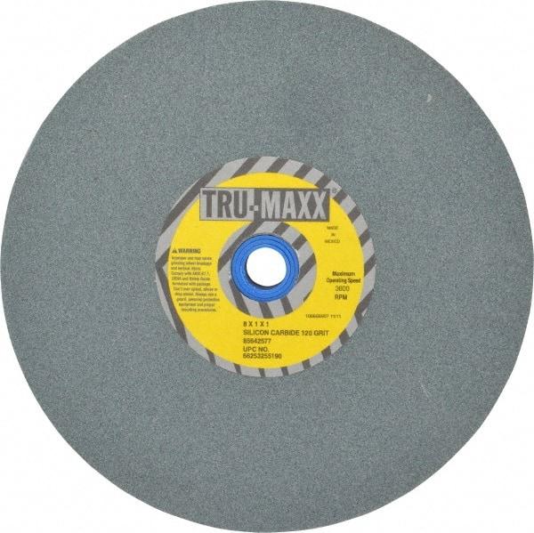 Tru-Maxx - 120 Grit Silicon Carbide Bench & Pedestal Grinding Wheel - 8" Diam x 1" Hole x 1" Thick, 3600 Max RPM, K Hardness, Fine Grade , Vitrified Bond - Apex Tool & Supply