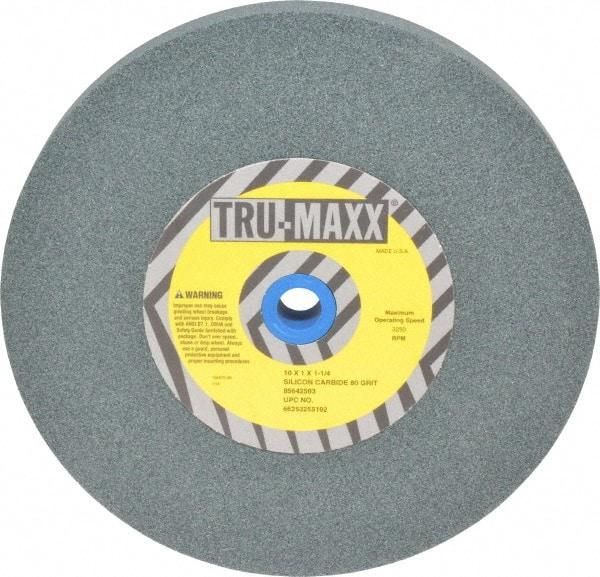 Tru-Maxx - 80 Grit Silicon Carbide Bench & Pedestal Grinding Wheel - 10" Diam x 1-1/4" Hole x 1" Thick, 3250 Max RPM, K Hardness, Medium Grade , Vitrified Bond - Apex Tool & Supply