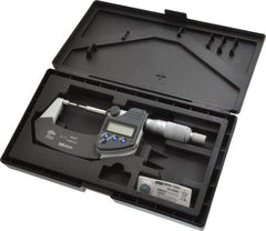 Mitutoyo - 1 Inch, 1.2598 Inch Throat Depth, Electronic Spline Micrometer - Accurate Up to 0.0001 Inch, 1/4 Inch Spindle Diameter, 0.18mm Head Diameter, Ratchet Stop Thimble, Data Output - Apex Tool & Supply