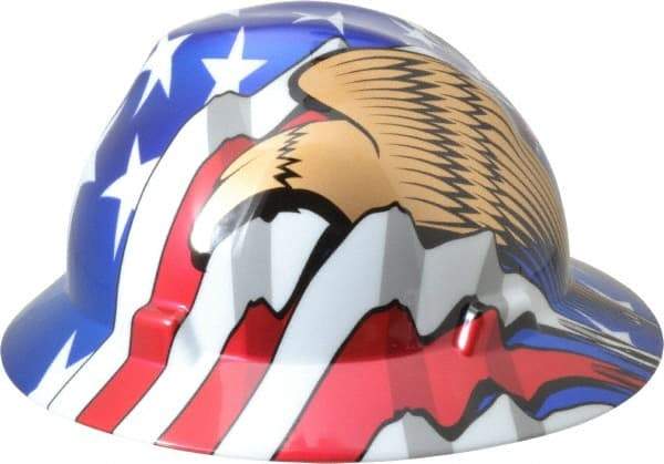 MSA - ANSI Type I, Class E Rated, 8-Point, Ratchet Adjustment Hard Hat - Size 6-1/2 to 8, Colored Graphics, Full Brim, American Flag with Eagles - Apex Tool & Supply