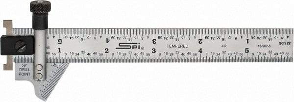 SPI - 6 Inch Long x 3/4 Wide Blade, 118° Bevel Angle, Steel Ruler Drill Point Gage - 1/8 Inch Ruler Graduation, Removable Ruler Hook - Apex Tool & Supply