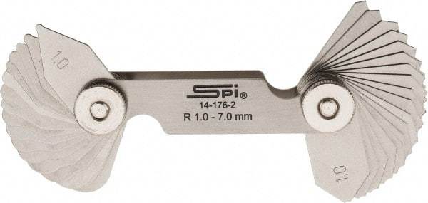 SPI - 34 Piece, 1 to 7 mm Radius, Stainless Steel Radius Gage Set - Style B, 0.25 mm Graduation - Apex Tool & Supply