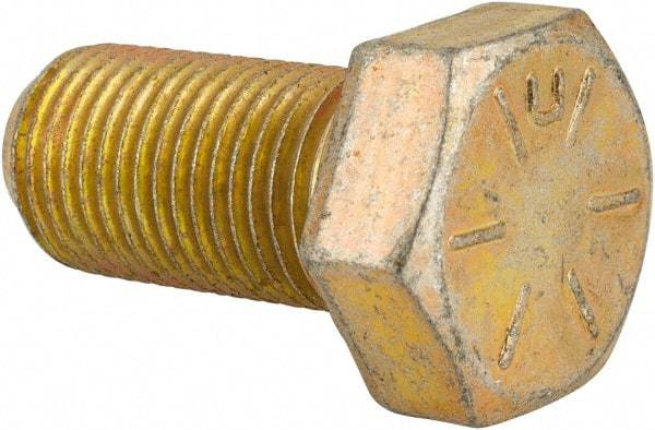Made in USA - 1/2-20 UNF, 1" Length Under Head Hex Head Cap Screw - Fully Threaded, Grade 8 Alloy Steel, Zinc Yellow Dichromate Finish, 3/4" Hex - Apex Tool & Supply