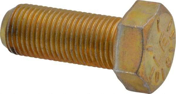 Made in USA - 1/2-20 UNF, 1-1/4" Length Under Head Hex Head Cap Screw - Fully Threaded, Grade 8 Alloy Steel, Zinc Yellow Dichromate Finish, 3/4" Hex - Apex Tool & Supply