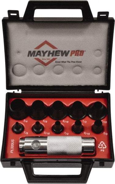 Mayhew - 11 Piece, 1/8 to 3/4", Hollow Punch Set - Round Shank, Alloy Steel, Comes in Plastic Case - Apex Tool & Supply