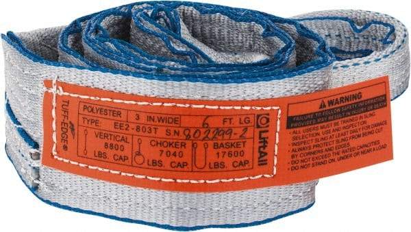Lift-All - 6' Long x 3" Wide, 8,600 Lb Vertical Capacity, 2 Ply, Polyester Web Sling - 6,900 Lb Choker Capacity, Silver (Color) - Apex Tool & Supply