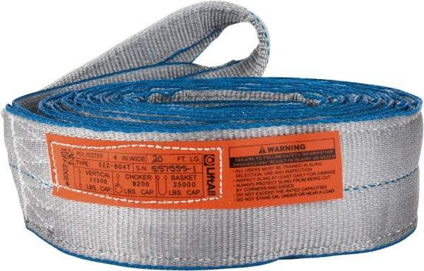 Lift-All - 20' Long x 4" Wide, 11,500 Lb Vertical Capacity, 2 Ply, Polyester Web Sling - 9,200 Lb Choker Capacity, Silver (Color) - Apex Tool & Supply