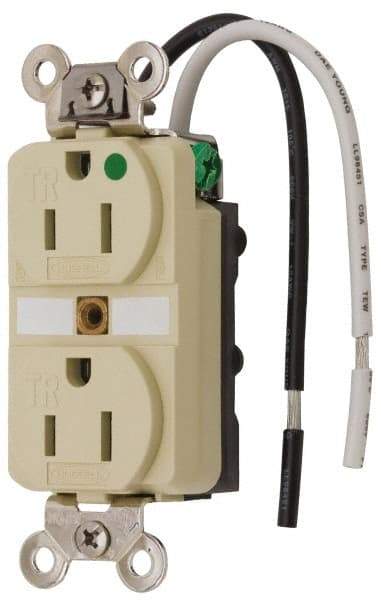 Hubbell Wiring Device-Kellems - 125 VAC, 15 Amp, 5-15R NEMA Configuration, Ivory, Hospital Grade, Self Grounding Duplex Receptacle - 1 Phase, 2 Poles, 3 Wire, Flush Mount, Chemical, Corrosion and Impact Resistant, Tamper Resistant - Apex Tool & Supply