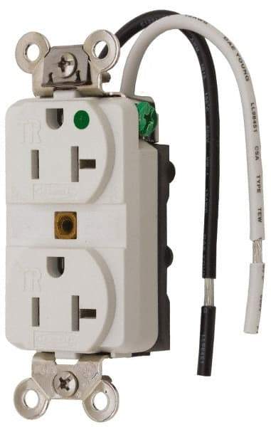 Hubbell Wiring Device-Kellems - 125 VAC, 20 Amp, 5-20R NEMA Configuration, White, Hospital Grade, Self Grounding Duplex Receptacle - 1 Phase, 2 Poles, 3 Wire, Flush Mount, Chemical, Corrosion and Impact Resistant, Tamper Resistant - Apex Tool & Supply