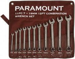 Paramount - 11 Piece, 7mm to 19mm, 12 Point Combination Wrench Set - Metric Measurement Standard, Full Polish Chrome Finish, Comes in Canvas Roll - Apex Tool & Supply