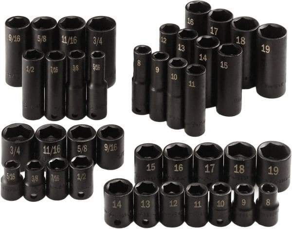 SK - 40 Piece 3/8" Drive Standard Socket Set - 6 Points, 5/16 to 3/4", 8 to 19mm, Inch/Metric Measurement Standard - Apex Tool & Supply