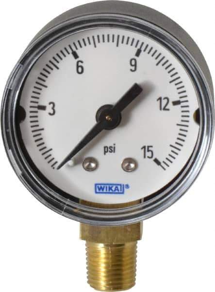 Wika - 1-1/2" Dial, 1/8 Thread, 0-15 Scale Range, Pressure Gauge - Lower Connection Mount, Accurate to 3-2-3% of Scale - Apex Tool & Supply