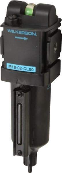 Wilkerson - 1/4" Port Coalescing Filter - Cast Aluminum Bowl, Manual Drain, 150 Max psi, 0.01 Micron Rating, 8.23" Long x 2.36" Wide x 8.23" High - Apex Tool & Supply