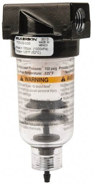 Wilkerson - 1/4" Port, 4.26" High x 1.69" Wide, Miniature FRL Filter with Polycarbonate Bowl & Piston Drain - 24 SCFM, 150 Max psi, 125°F Max - Apex Tool & Supply