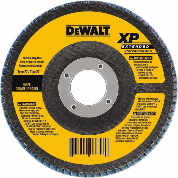 DeWALT - 120 Grit, 4-1/2" Disc Diam, 5/8-11 Center Hole, Type 29 Zirconia Alumina Flap Disc - 13,300 Max RPM, Poly Cotton Backing, Arbor Attaching System, Coated - Apex Tool & Supply