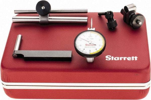 Starrett - 7 Piece, 0" to 0.01" Measuring Range, 1-3/8" Dial Diam, 0-5-0 Dial Reading, White Dial Test Indicator Kit - 13/16" Contact Point Length, 2mm Ball Diam, 0.0001" Dial Graduation - Apex Tool & Supply